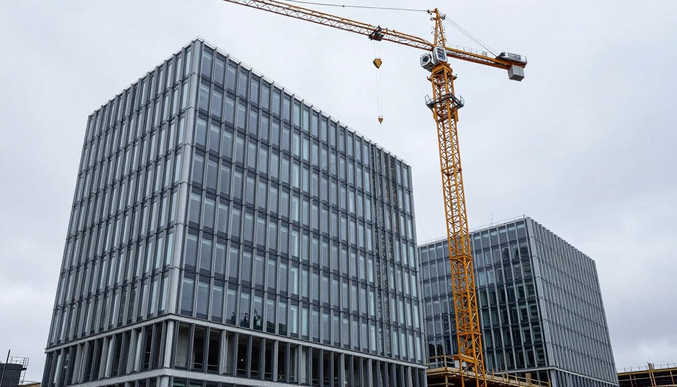 Steel and glass commercial building under construction with a tower crane